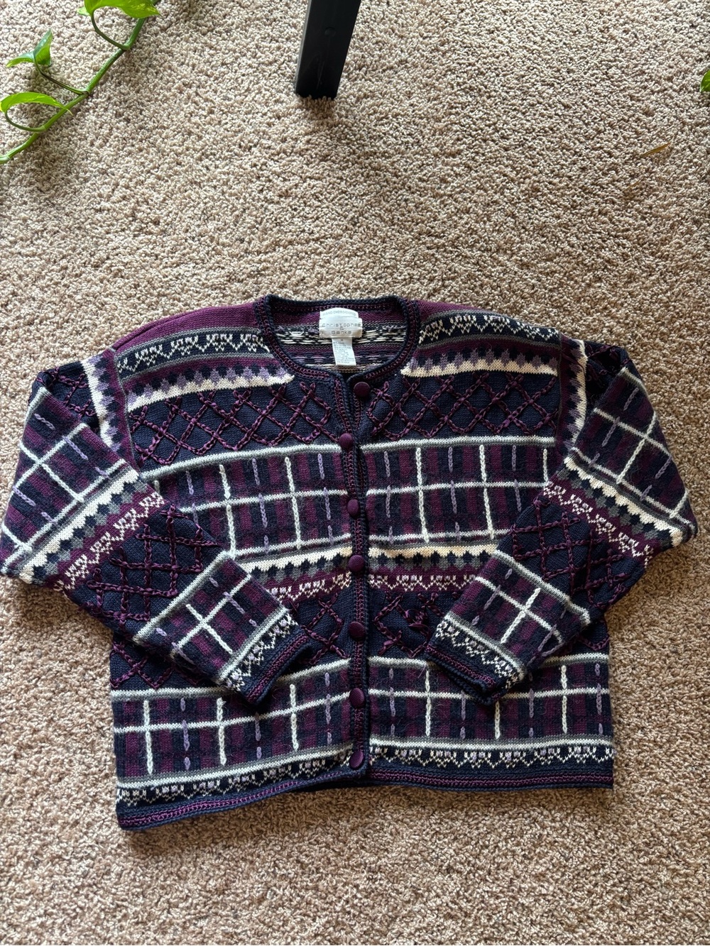 Vintage 90s Christopher & Banks Purple and Cream Patterned Button-Front Cardigan